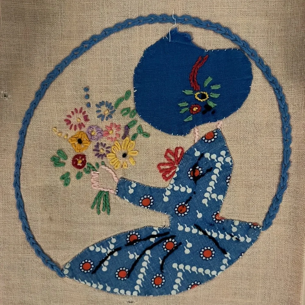 50s Tea Dish Towel Embroidered Appliqué PinkPeach Blue Bonnet girl w flowers